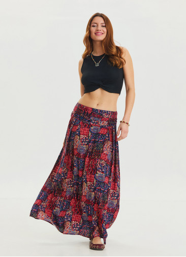 Red Ethnic Skirt with Elastic Waist and Drape Detail 4492